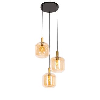QAZQA Dise&ntilde;o L&aacute;mpara Colgante De Dise&ntilde;o Negra Con Lat&oacute;n Y Cristal &Aacute;mbar 3 Luces - Zuzanna Vidrio /acero Redonda Adecuado Para Led Max. 3 X 40 Watt - Qazqa