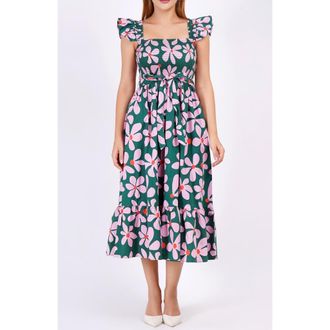 Leota Ivanna A-Line Smocked Midi Dress in Dancing Daisies Evergreen at Nordstrom, Size Xx-Large