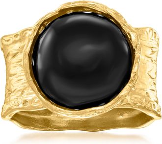 Ross-Simons Black Onyx Ring in Textured and Polished 18kt Gold Over Sterling