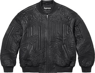 SUPREME embroidered leather jacket - Zwart