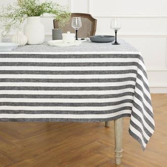 Solino Home Linen Tablecloth for Dining Table, Holiday and Everyday Dining Table Decor - Sorrento Stripe in Black And White at Nordstrom, Size X-Small
