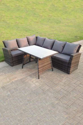 Fimous High Back Outdoor Rattan Corner Sofa Dining Set Table 6 Seater in Dark Grey
