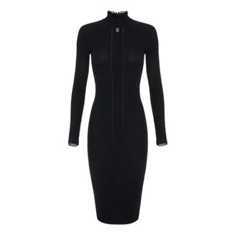 Elisabetta Franchi Geribbelde gebreide midi-jurk met logodetail - Dames - Jurken - Zwart - Maat: S Zijde
