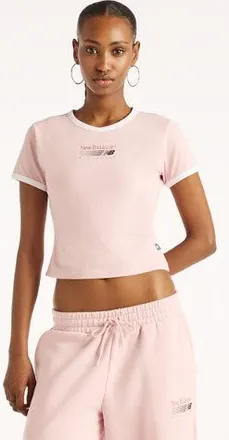 New Balance Mujer Trackside Ringer T-Shirt en Rosa, Jersey de algod&oacute;n, Talla XL