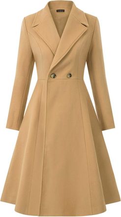 Generic Womens Pea Coat Double Breasted A Line Long Trench Coat Winter Dress Coat with Pockets (Camel,L)