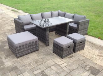 Fimous 7 Seater PE Rattan Corner Sofa Set Rectangular Dining Table Set With Seat & Back Cushion in Dark Grey