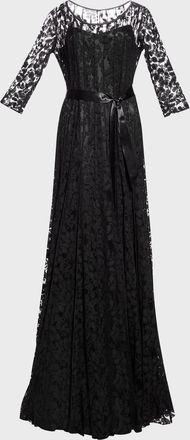 Teri Jon 3/4-Sleeve Lace Overlay Gown