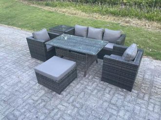 Fimous PE Wicker Rattan Garden Furniture Set Outdoor Rectangular Dining Table Side Table Stool 6 Seater in Dark Grey