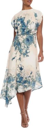 Maggy London Placed Floral Cap Sleeve Asymmetric Hem Midi Dress in Ivory/blue at Nordstrom, Size 14