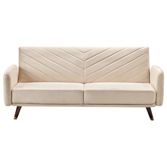 Beliani Sof&aacute; Cama 3 Plazas De Terciopelo Beige Madera Oscura Reclinable Senja