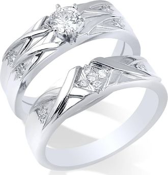 Pompeii3 Matching Diamond Engagement Wedding Ring Set His Hers White Gold 14k