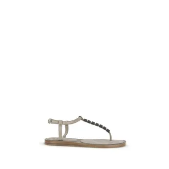 Brunello Cucinelli Beige Calf Leather Bos Taurus Flat Womens Sandals