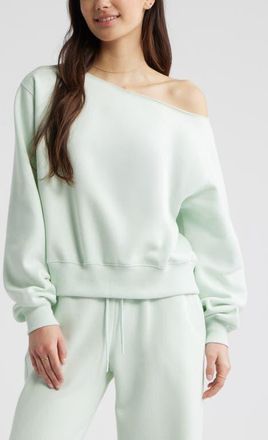 BP. Fleece Detail Off the Shoulder Sweatshirt in Green Cloud at Nordstrom, Size Xx-Small