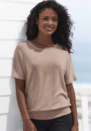 Vivance Kurzarmshirt VIVANCE mit breitem Bund, Damen, Gr. 32/34, beige, Feinstrick, Obermaterial: 55% Polyester (REPREVE), 43% Viskose, 2% Elasthan, meliert, 