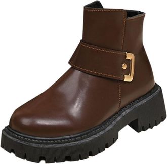 Generic Coffee Women Elegant Winter Ankle Boots Adorned with Round Toe and Side Zipper Chunky Low Heel for Comfort