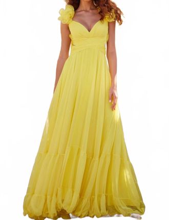 Jovani Pleated Maxi Chiffon Dress In Yellow