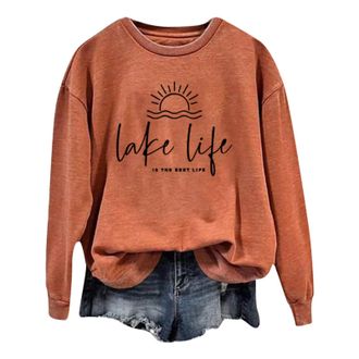Generic Hoodies for Women Uk Lake Life Is The Best Life Sweatshirt, Lake Vibes Sweater Women Crewneck Graphic Pullover Tops Funny Vacation Shirts 2024 Fall