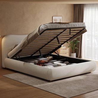 Matteo Boucle Upholstered Ottoman Storage Bed with Curved Headboard in Warm White | Size: King