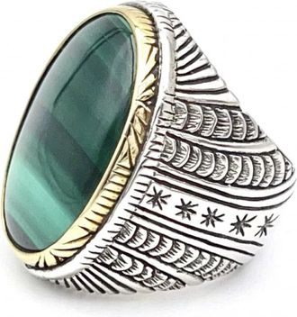 Jalan Jalan 925 Sterling Zilveren Ring met Ovale Malachiet - unisex - Ringen - Veelkleurig - 60 MM - Accessoires