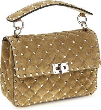 Valentino Garavani Womens Medium Rockstud Spike Suede Top Handle Bag Havana Beige Calf Leather Bos Taurus Shoulder