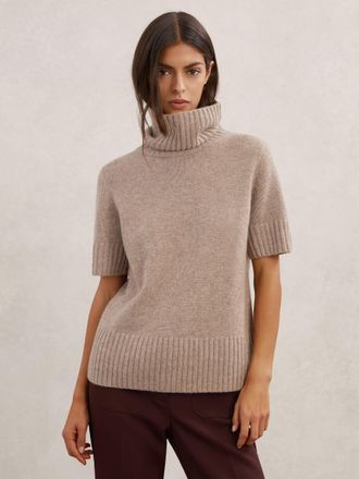 Reiss Oatmeal Neutral Cashmere Short-sleeve Roll-neck Jumper, XS