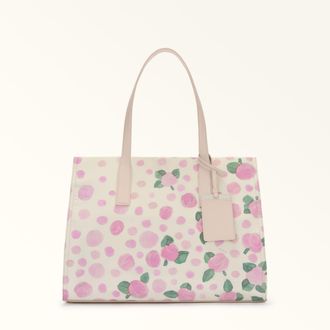 Furla Fresia Borsa Shopping L Toni Azalea Rosa Tessuto Di Nylon Con Stampa Rose Pois + Pelle Di Vitello A Blocchi Di Colore Sydney Donna