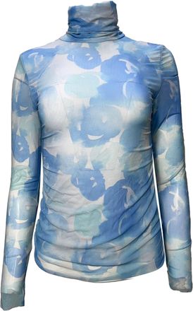 Ganni Ganni Printed Turtleneck Long Sleeve Mesh Top in Light Blue Polyamide