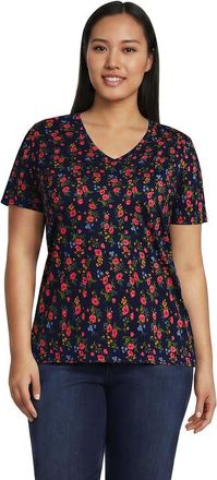 Lands End Supima Cotton V-neck T-Shirt in Deep Sea Mini Poppy Floral at Nordstrom, Size 1X