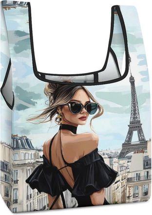 Generic Paris Lady in Black Print Shopping Bag Reusable Grocery Tote Bag Foldable Handbag for Travel Picnic