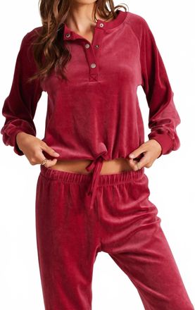 bobi Snap Henley Raglan Tie Hem Top In Black Cherry