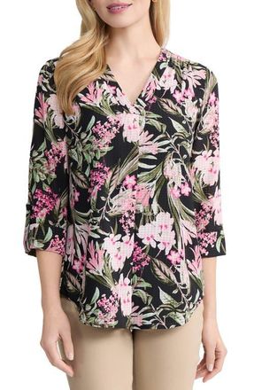 Jones New York Floral Roll Sleeve Tunic in Jones Black Multi at Nordstrom, Size X-Large