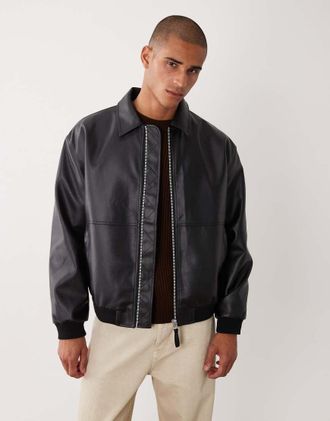 Asos Giacca bomber oversize in pelle sintetica nera-Nero