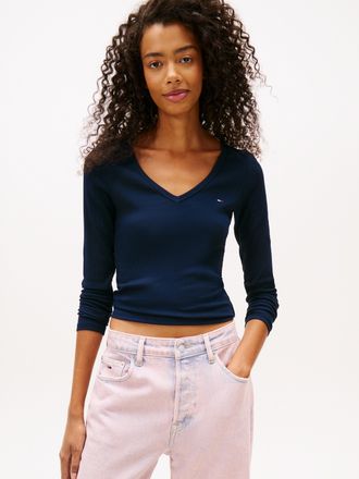 Tommy Jeans Langarmshirt TOMMY JEANS TJW SLIM ESSENTIAL RIB V LS, Damen, Gr. XS (34), schwarz night navy, Rippware, Obermaterial: 95% Baumwolle, 5% Elasthan, unif
