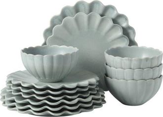 Gibson Home Bistro Fleur 12-Piece Scalloped Stoneware Dinnerware Set for 4 in Matte Green at Nordstrom