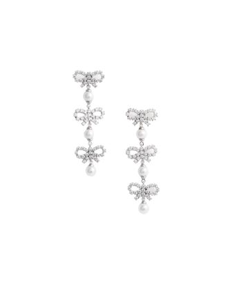 Self Portrait Micro Bow Pearl Tiered Drop Earrings With Crystal Accents