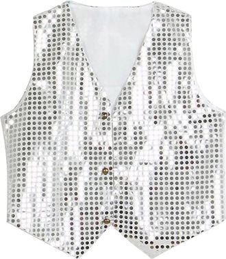 Generic HUIFUAO Sequin Vest Women Sleeveless Sparkly Jackets for Women Plus Size Glitter Waistcoat Gilet Button Tops Going Out Party Outfits (White, XXXL)