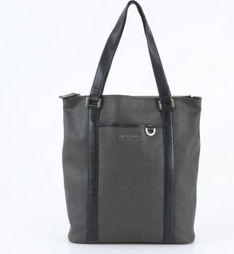 Bulgari Black Leather Coated Canvas Shoulder Bag Tote Bag (Pre-Owned)