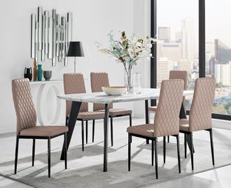 Furniturebox Andria White Marble Effect & Black Leg 6 Seater Dining Table & 6 Milan Faux Leather Chairs in Beige