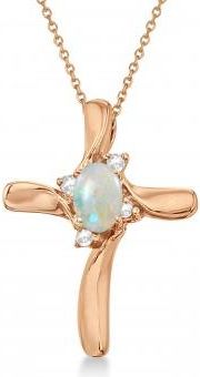 Allurez Opal & Diamond Cross Necklace Pendant 14k Rose Gold (0.50ct)