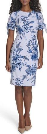Calvin Klein Floral Tie Short Sleeve Sheath Dress in Chambray Multi at Nordstrom Rack, Size 10