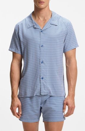 BOSS Geo Print Camp Shirt in Open Blue at Nordstrom, Size Xx-Large