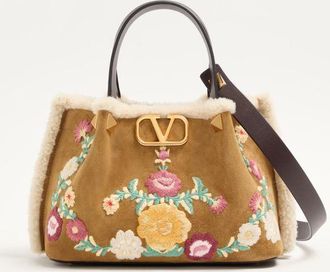 Valentino Garavani Valentino Garavani Small Shopping Bag In Embroidered Suede With Sheepskin Lining Wo