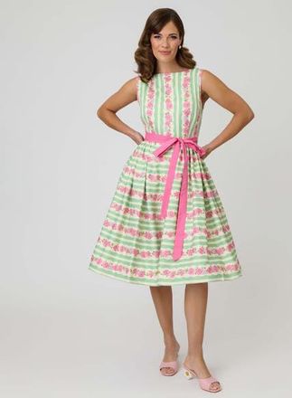 Unique Vintage Sleeveless Belted Swing Dress in Green & Pink Floral Print at Nordstrom, Size X-Small