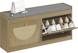 HOMCOM Homcom Banco Zapatero, Banco Recibidor Bohemio, Con Asiento Acolchado, Puertas Frentes De Rat&aacute;n, Estante Ajustable, Para 8 Pares De Zapatos, Natural