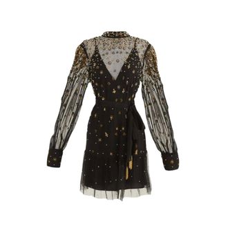 Farm Rio Farm Rio, Kleedjes, Dames, Zwart, S, Tule, Geborduurde Mini-jurk van Tule met Riem en Lange Mouwen