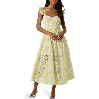 ASTR the Label Wedelia Floral Print Ruffle Strap Midi Dress in Lemon Ditsy Floral at Nordstrom Rack, Size X-Large