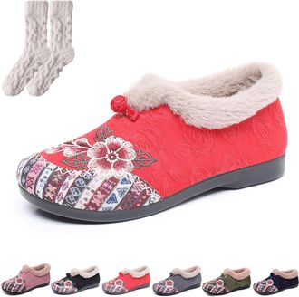 Generic Dritnow Boots, Womens Warm Floral Embroidered Winter Shoes, Cozy, Lightweight & Non-Slip Everyday Shoes for Women (Red,8.5)
