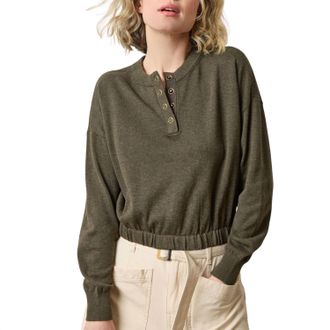Lilla P Elastic Waist Henley Sweater In Fir