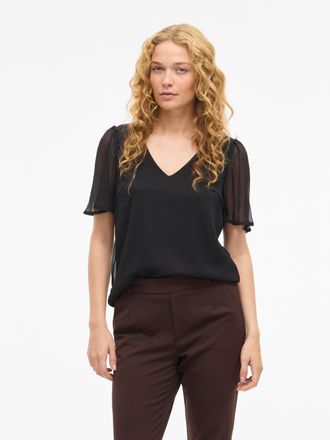 Vila T-Shirt VILA VIFALIA V-NECK S/S TOP - NOOS, Damen, Gr. 34, schwarz, Jersey, Obermaterial: 100% Polyester, unifarben, regular fit normal, V-Ausschnitt,