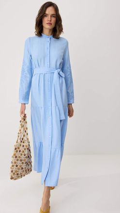 Trendyol Modest Dames Blauw Geborduurd Maxi Lang Casual Skater Modest Jurken